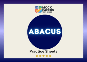 Promotional graphic from Mock Papers Test Series for "ABCUS Practice Sheets," featuring a five-star rating.